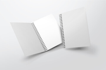Blank spiral notebook template. Isometric view, on white background. Realistic mockups. For your mockups. 3D illustration, 3D rendering.