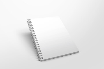 Blank spiral notebook template. Isometric view, on white background. Realistic mockups. For your mockups. 3D illustration, 3D rendering.