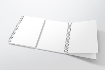 Blank spiral notebook template. Isometric view, on white background. Realistic mockups. For your mockups. 3D illustration, 3D rendering.