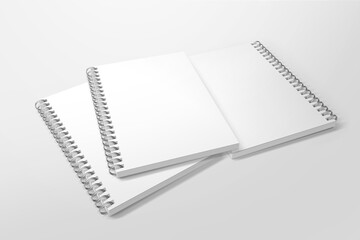Blank spiral notebook template. Isometric view, on white background. Realistic mockups. For your mockups. 3D illustration, 3D rendering.