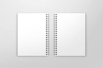Blank spiral notebook template. Isometric view, on white background. Realistic mockups. For your mockups. 3D illustration, 3D rendering.