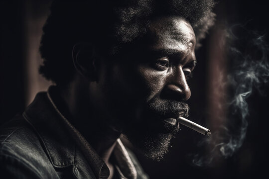Black American man smoking a cigarette, fictitious person. AI generated image