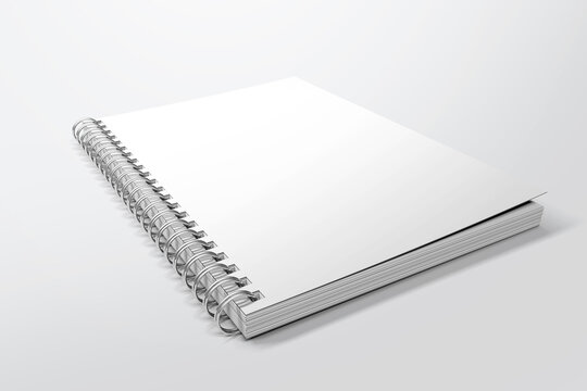 Blank spiral notebook template. Isometric view, on white background. Realistic mockups. For your mockups. 3D illustration, 3D rendering.