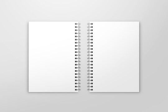 Blank spiral notebook template. Isometric view, on white background. Realistic mockups. For your mockups. 3D illustration, 3D rendering.