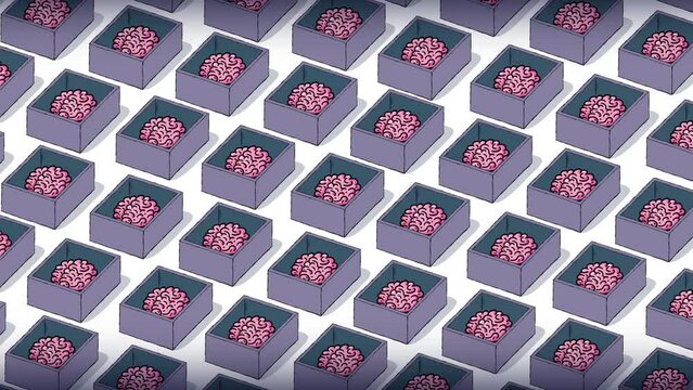 Cartoon more brains in boxes no mimics version. Seamles looping. Metaphor of futuristic society artificial intelligence AI etc.
