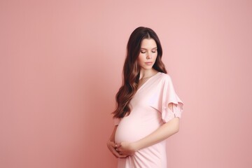 Beautiful pregnant woman standing on pink background. Ai generative.