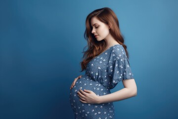 Beautiful pregnant woman standing on blue background. Ai generative.