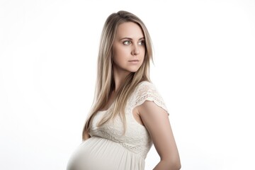 Beautiful pregnant woman standing on white background. Ai generative.