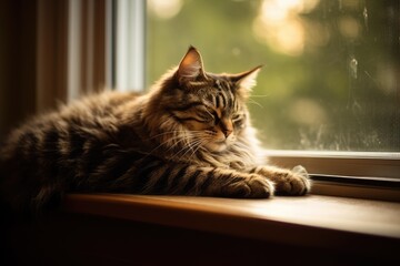 cozy cat sleeping on the window sill Generative AI