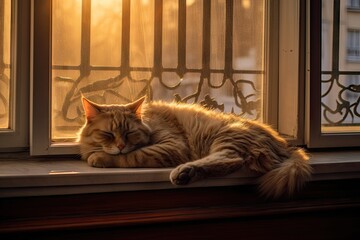 cat asleep on a window sill Generative AI - obrazy, fototapety, plakaty