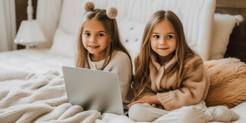 Cute little girls using laptop lying on bed, digital ai
