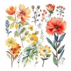 A group of watercolor flowers on a white background. Generative AI. 