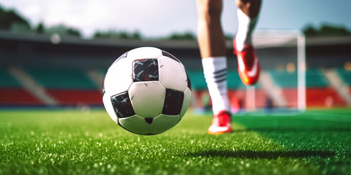 Close up of a soccer striker ready to kicks the ball in the football goal. Soccer scene at night match with player kicking the ball with power
