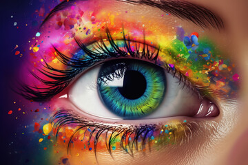 Generative AI. Crop of female eye with colorful make up. Beautiful fashion model with creative art makeup. Abstract colourful splash make-up. Holi festival