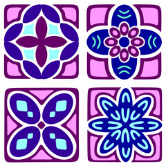 Set of floral doodle collection isolated on white background. Blue pink flower.