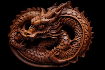 Fototapeta na wymiar Dragon carved from mahogany wood. AI generated, human enhanced