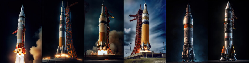 Fototapeta premium A set of rockets launching into space. Spaceship launch. AI generated, human enhanced