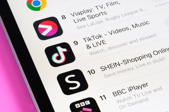 Viaplay, TikTok, Shein BBC iplayer apps seen in App Store on the screen of ipad. Selective focus. Stafford, United Kingdom, May 6, 2023