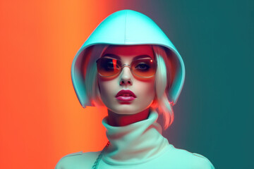 Fashion young woman with pink lips wearing beautiful sunglasses. Luminescent vibrant neon colors. Generative AI