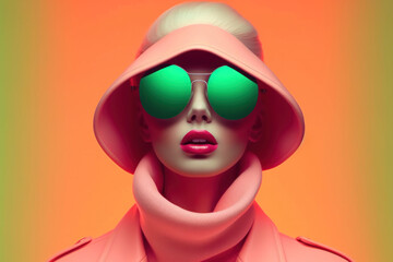 Fashion glamour woman with ponk lips wearing big green sunglasses. Luminescent vibrant colors. Generative AI