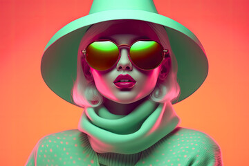 Fashion futuristic looking woman wearing big amazing sunglasses. Digitale Illustration. Generative AI