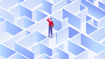 Man in maze concept. Young guy trying to solve problem or puzzle, riddle. Businessman standing at labyrinth and thinking of finding way out. Cartoon isometric vector illustration