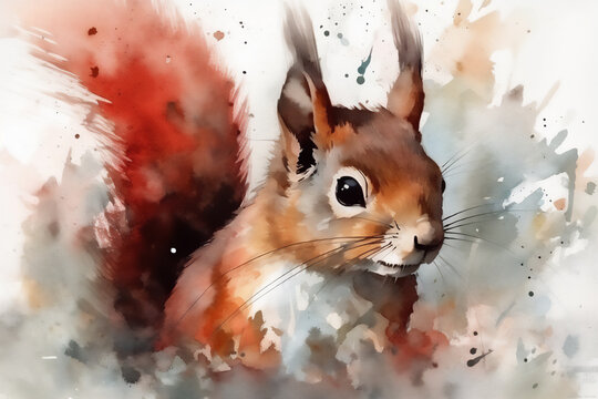 Watercolor colorful art portrait of a red squirrel isolated on white background. Generative AI illustration.