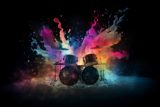 Music drums with a rainbow paint splashing on it on a black background. Stylish creative colors. Generative AI.