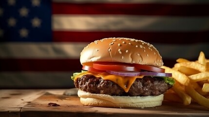 Juicy Hamburger on a Bun with Lettuce and Cheese for National Hamburger Day Celebration with American Flag  Generative AI
