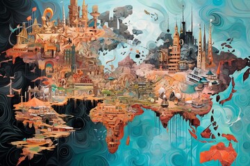 Mapa Świata abstrakcyjny kolorowy akrylowy obraz Generative AI - obrazy, fototapety, plakaty