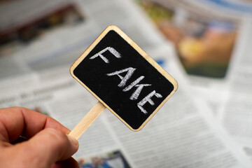 Fake news. Sign with the inscription fake on the background of newspapers.