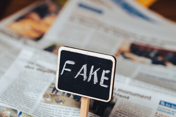 Fake news concept. Sign with the inscription fake on the background of the newspaper. - obrazy, fototapety, plakaty