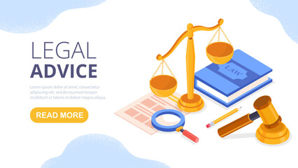 Legal advice concept. Magnifying glass with golden scales and large book. Jurisprudence and legal office. Landing page design. Verdict and judgment. Cartoon isometric vector illustration