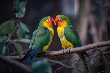 Fototapeta na wymiar Two parrots male and female sit on a branch in love, generative ai