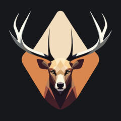 Wild deer head with horns on dark background, low poly triangular . Polygonal style trendy modern logo design. Suitable for printing on a t-shirt
