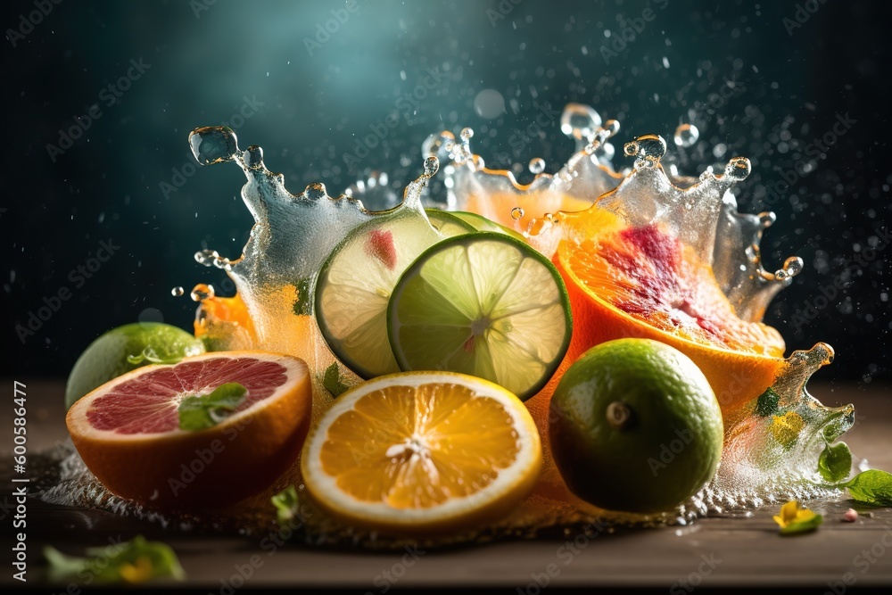 Poster a group of fruit that is currently arranged on a table generative ai