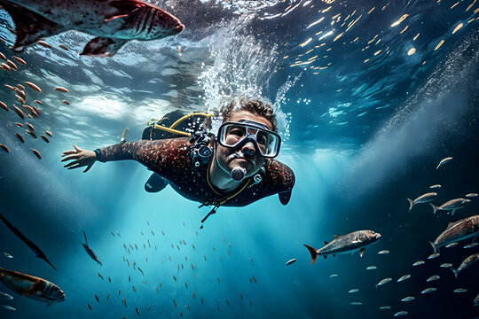 Male scuba diver underwater. Neural network AI generated art Generative AI