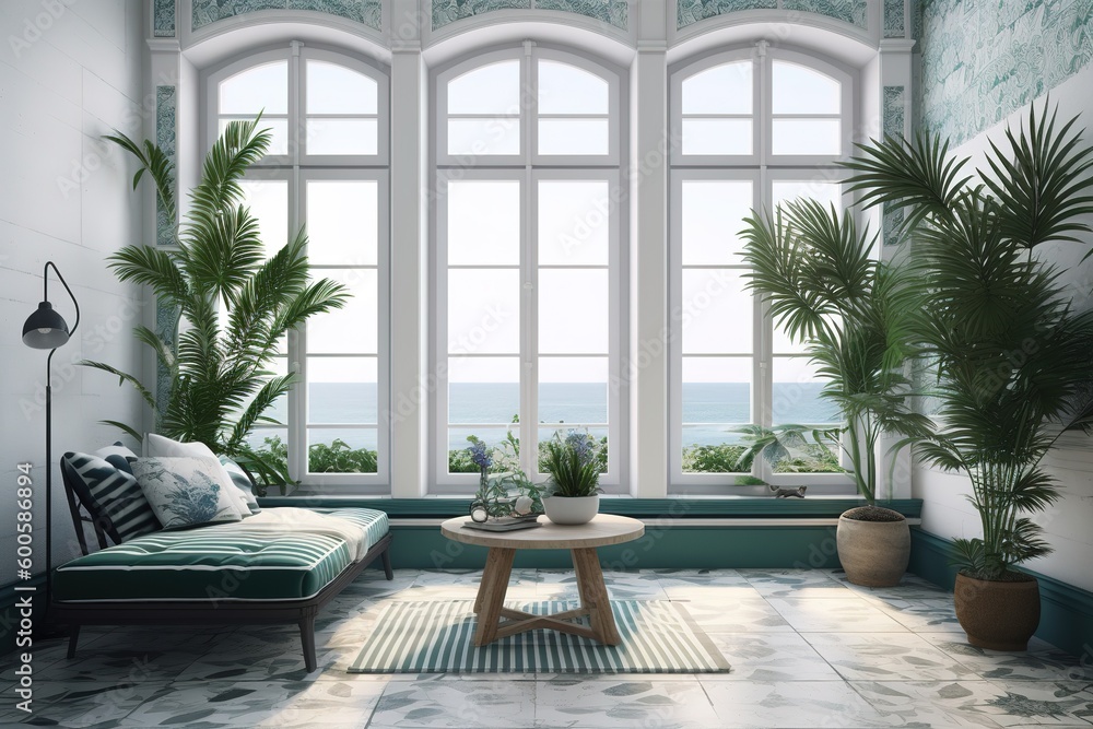 Poster a lounge that includes a sofa as well as a table generative ai