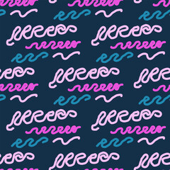 Seamless color pattern of linear doodle squiggles. The style of the 90s. Bright abstract design for background, banner, poster of various shapes. Vector illustration.