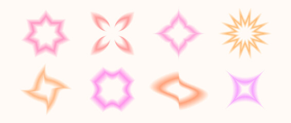 Y2k blurred gradient flowers, stars, wave set. Blurry shapes aura collection. Abstract trendy elements for logo, templates, badges, stickers. Vector pack 