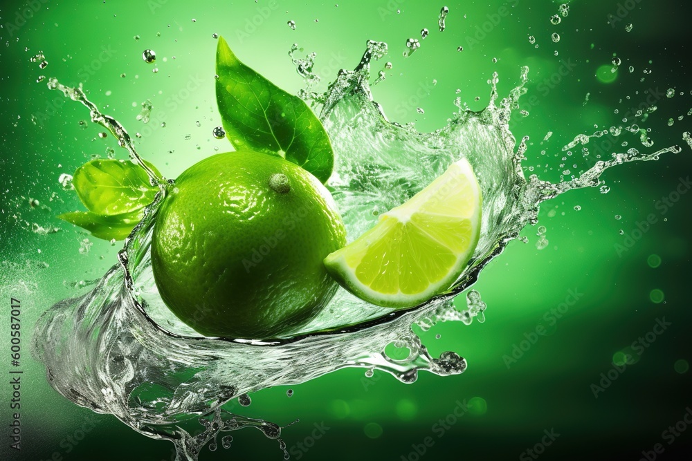 Poster a slice of lime covered with leaves and surrounded by water generative ai