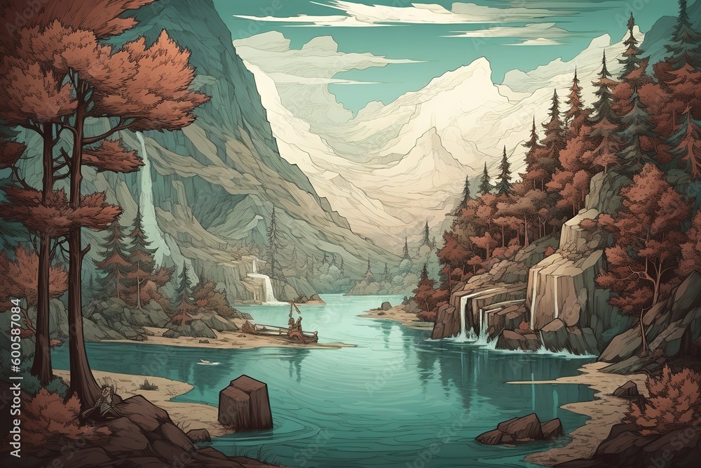 Poster an artwork depicting a highland lake that is encircled by trees generative ai