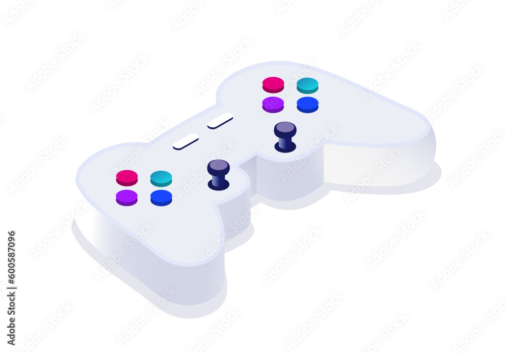 Poster isometric gamepad concept. white controller and joystick. video games and entertainment. modern tech