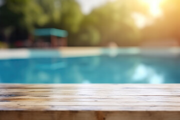 Blurred background of swimming pool with empty wooden table,  IA generativa