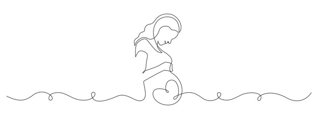 Beautiful pregnant Woman in one continuous line drawing. Healthy pregnancy and birth baby symbol in simple linear style. Concept for Happy Mother day banner. Editable stroke. Vector illustration