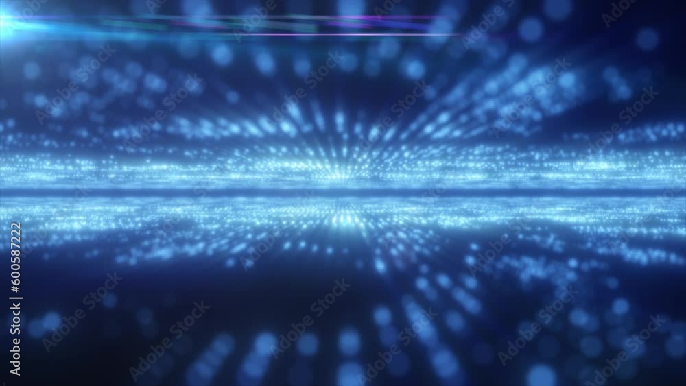 Poster abstract blue energy hi-tech lines and digital particles fly in a tunnel with bokeh effect glowing b