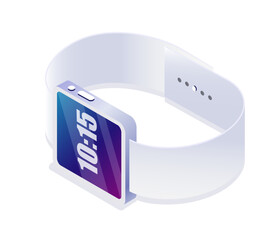 Isometric smartwatch concept. Gadget and device for viewing time with white leather bracelet. Advertising and marketing. Template, layout and mock up. Cartoon vector illustration