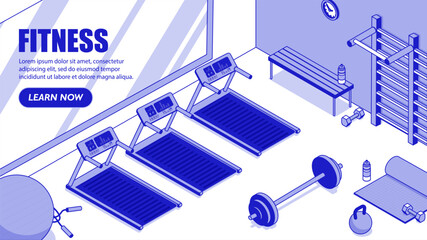 Isometric fitness concept. Treadmills and barbell with weights. Gym with sports equipment for cardio and strength training. Landing page design. Fitball with jump rope. Cartoon vector illustration