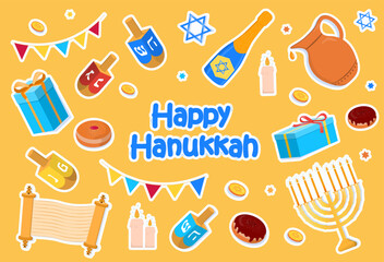 Hanukkah stickers set. Collection of graphic elements for website. Donut, alcohol and wooden sticks with traditional Jewish symbol. Cartoon flat vector illustrations isolated on yellow background
