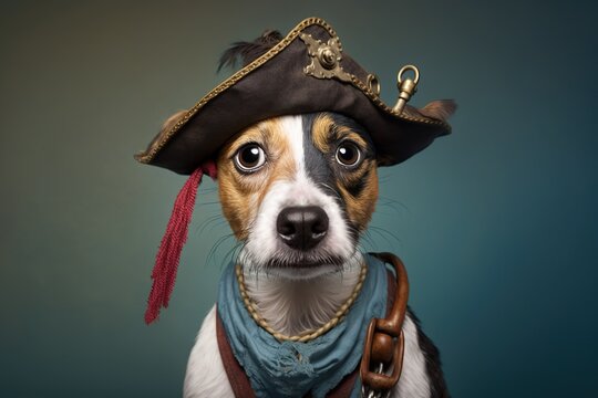 cute dog dressed as pirate on pastel background, created with Generative AI technology